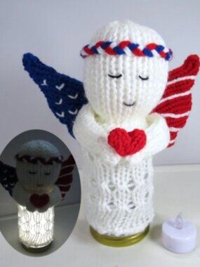 Patriotic Angel handcrafted crocheted with mason jar & tea light 8.5" tall